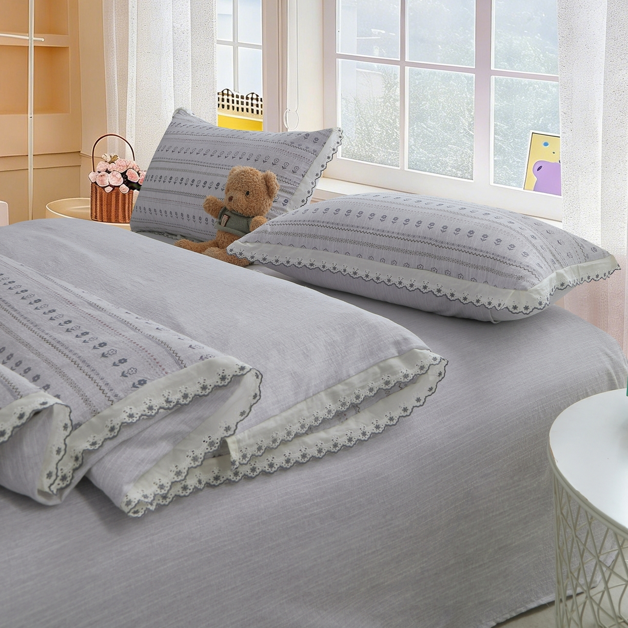 91家纺网 家纺一手货源 找家纺 恋之语 2026新款全棉花边色织水洗棉花边四件套 灰调条纹