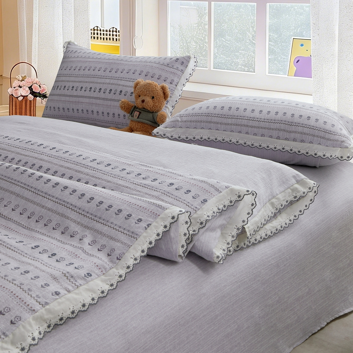 91家纺网 家纺一手货源 找家纺 恋之语 2026新款全棉花边色织水洗棉花边四件套 灰调条纹