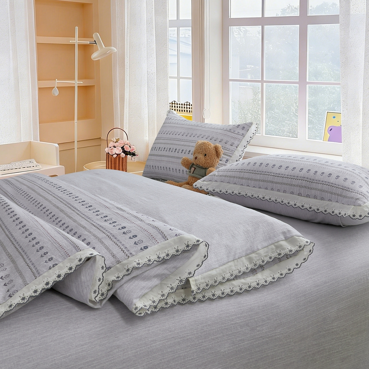 91家纺网 家纺一手货源 找家纺 恋之语 2026新款全棉花边色织水洗棉花边四件套 灰调条纹