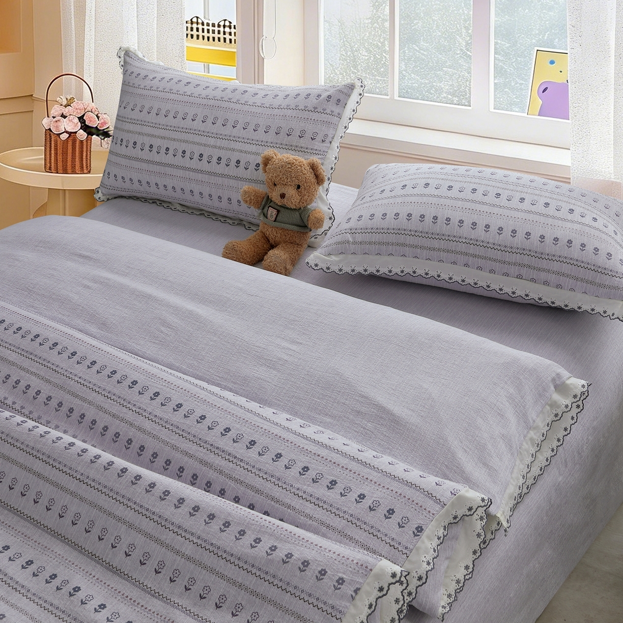 91家纺网 家纺一手货源 找家纺 恋之语 2026新款全棉花边色织水洗棉花边四件套 灰调条纹