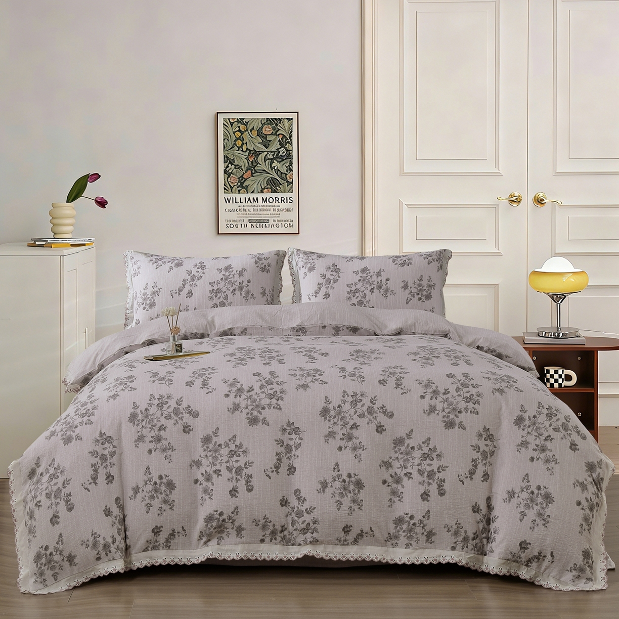 恋之语 2026新款全棉花边色织水洗棉花边四件套 灰枝漫舞