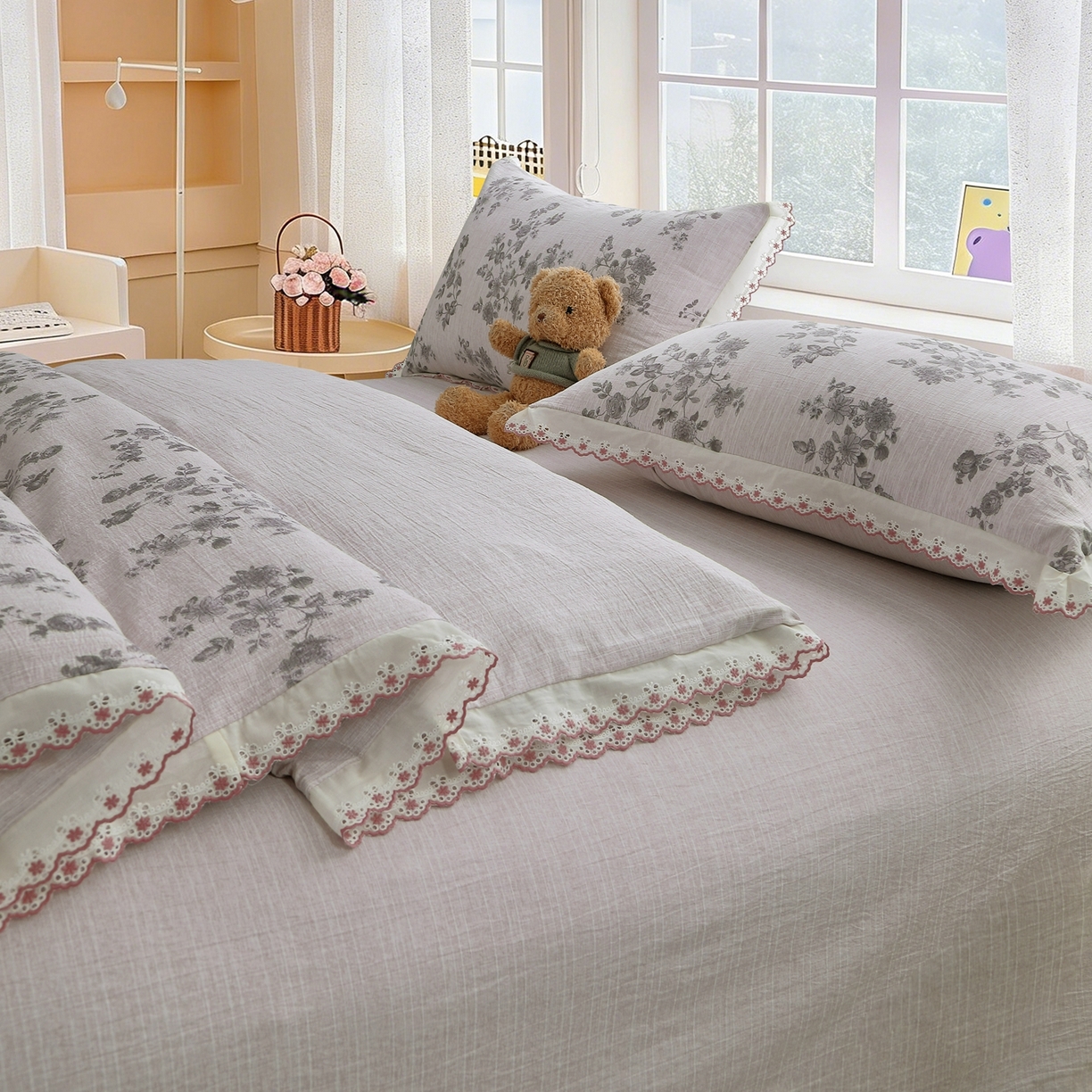 91家纺网 家纺一手货源 找家纺 恋之语 2026新款全棉花边色织水洗棉花边四件套 灰枝漫舞