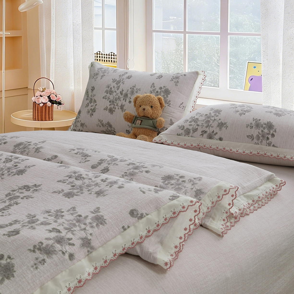 91家纺网 家纺一手货源 找家纺 恋之语 2026新款全棉花边色织水洗棉花边四件套 灰枝漫舞