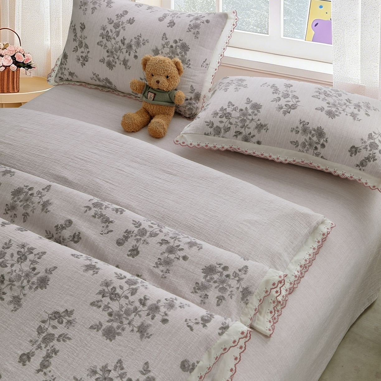 91家纺网 家纺一手货源 找家纺 恋之语 2026新款全棉花边色织水洗棉花边四件套 灰枝漫舞