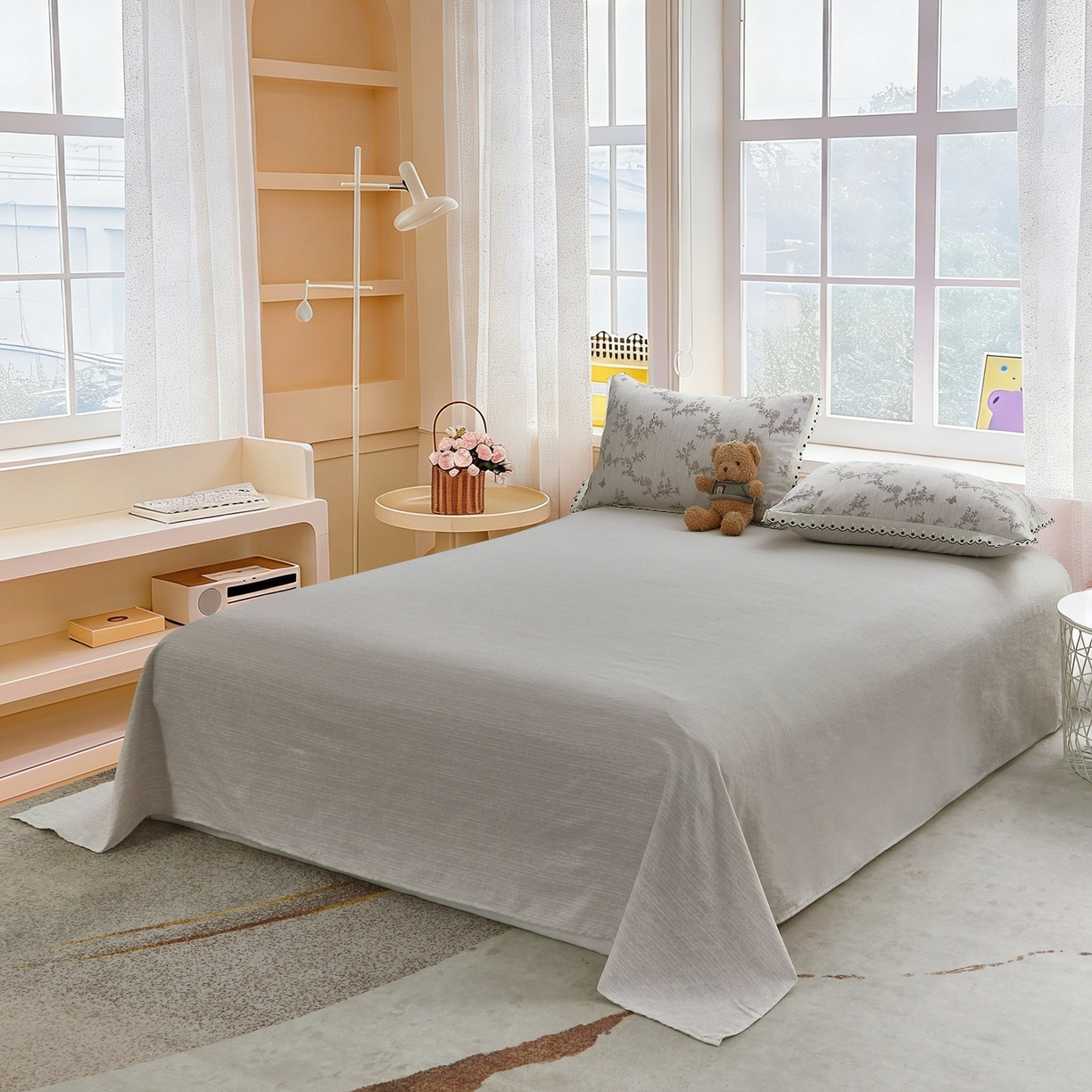 91家纺网 家纺一手货源 找家纺 恋之语 2026新款全棉花边色织水洗棉花边四件套 灰枝疏影