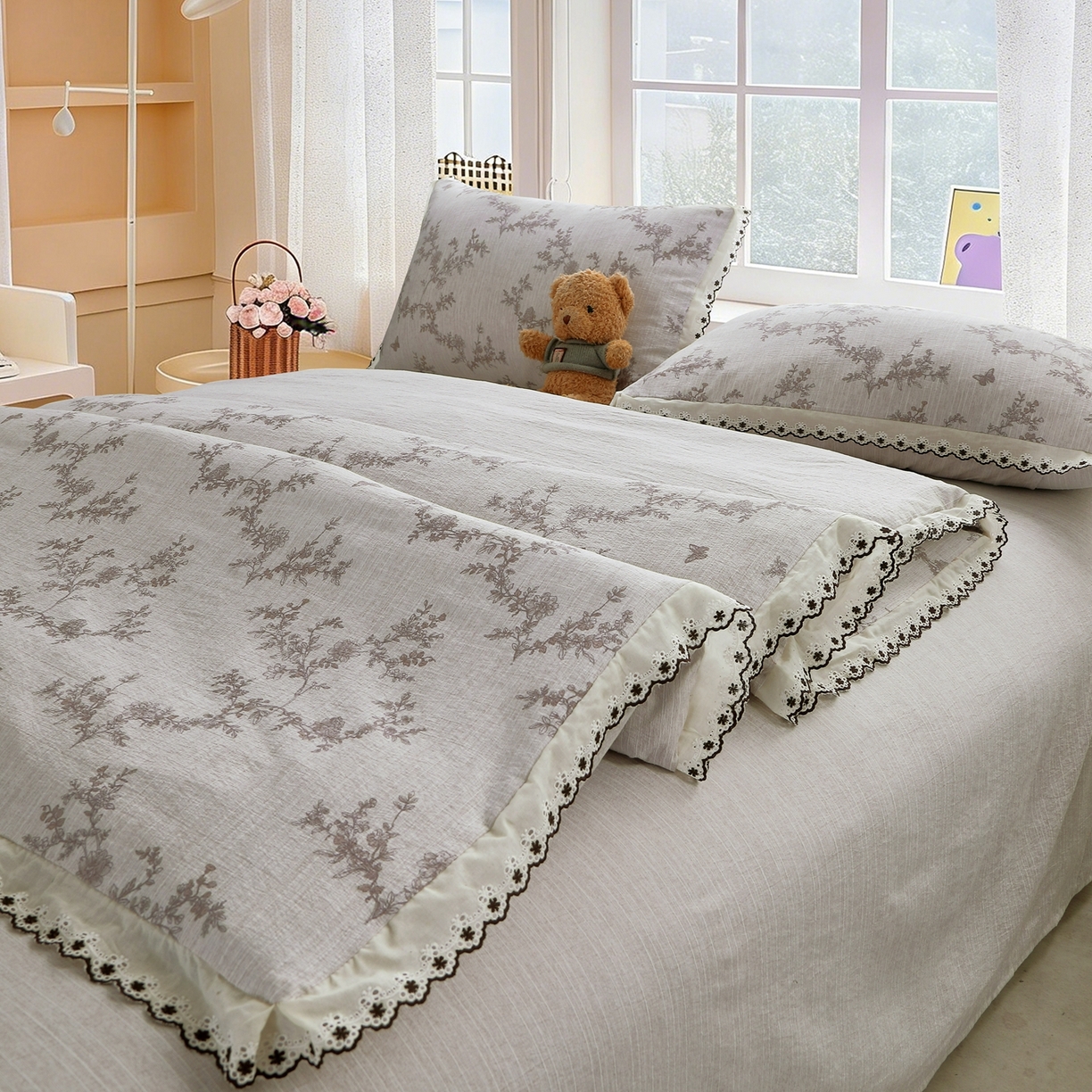 91家纺网 家纺一手货源 找家纺 恋之语 2026新款全棉花边色织水洗棉花边四件套 灰枝疏影