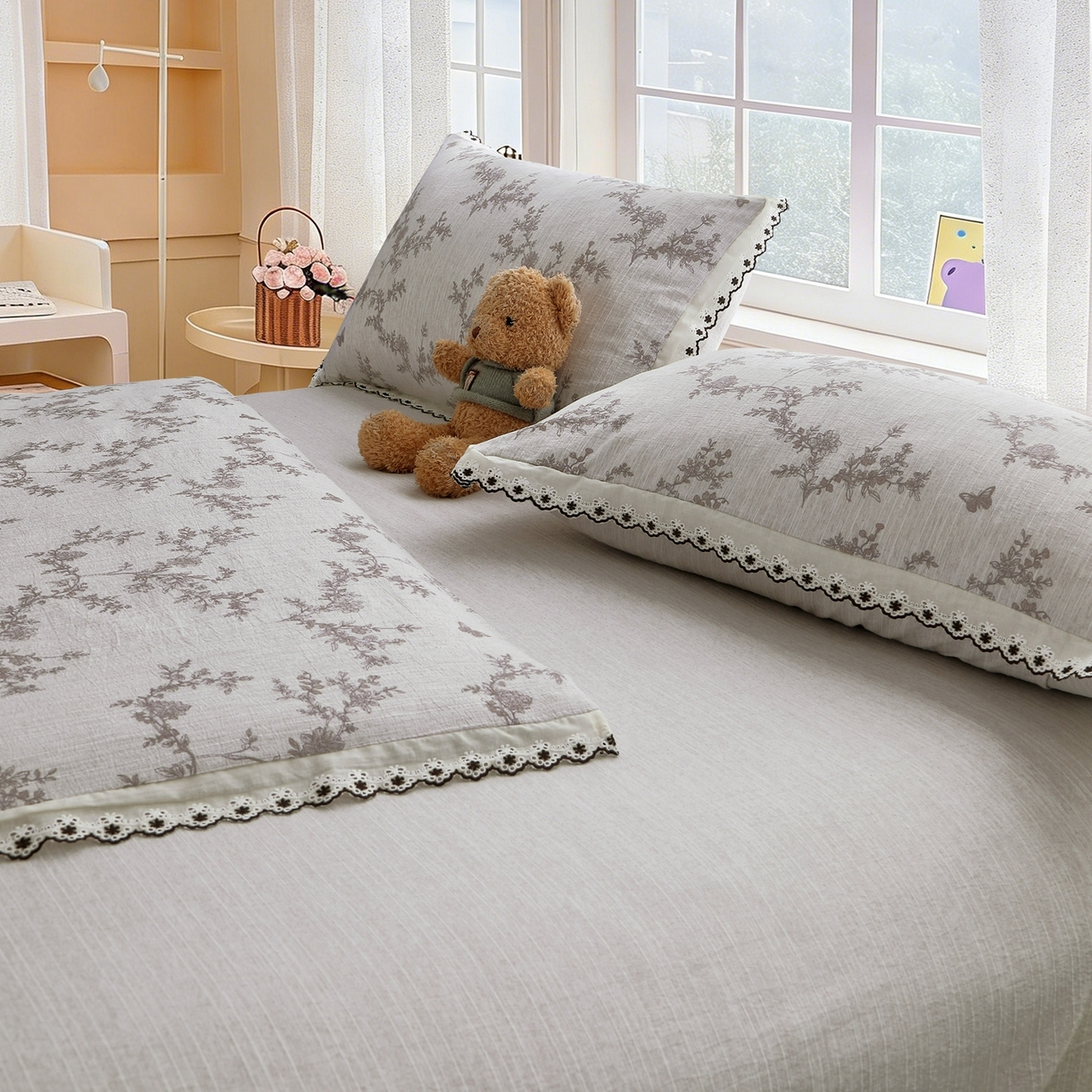 91家纺网 家纺一手货源 找家纺 恋之语 2026新款全棉花边色织水洗棉花边四件套 灰枝疏影