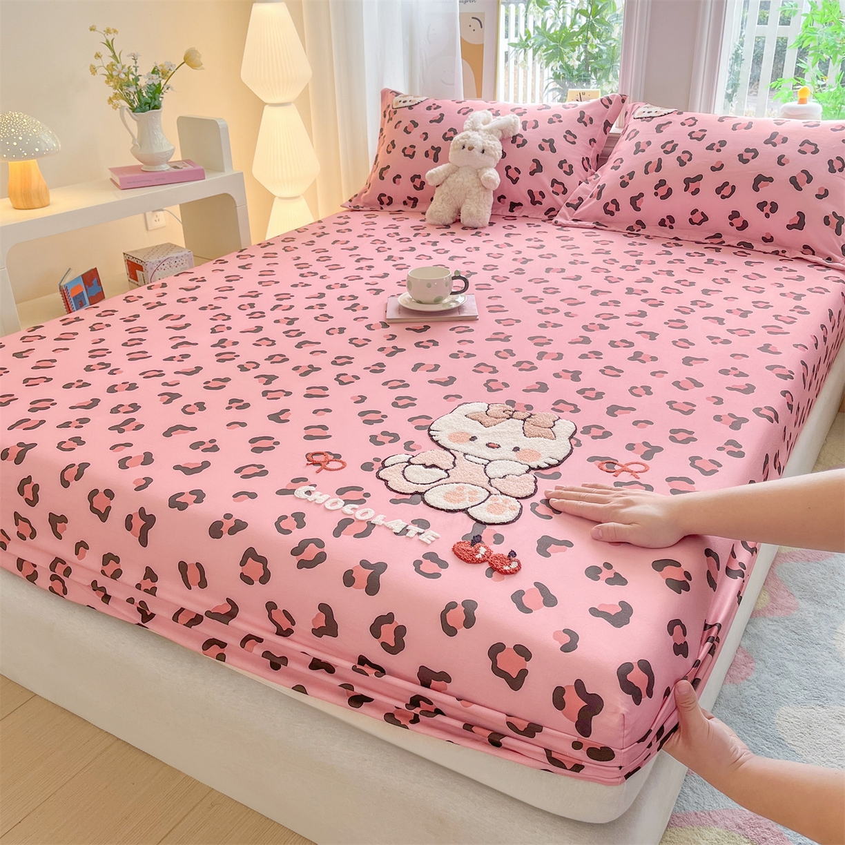 91家纺网 家纺一手货源 找家纺 笙意家纺 2026新款50S全棉纯棉毛巾绣单品床笠床笠单件 粉豹纹喵