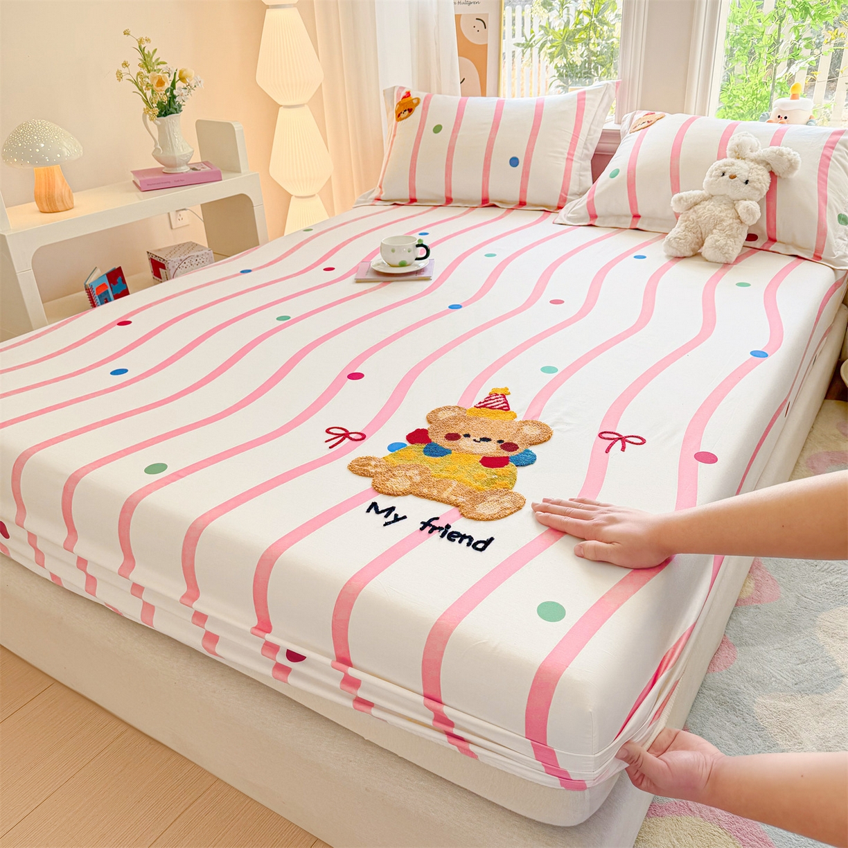 91家纺网 家纺一手货源 找家纺 笙意家纺 2026新款50S全棉纯棉毛巾绣单品床笠床笠单件 派对小熊