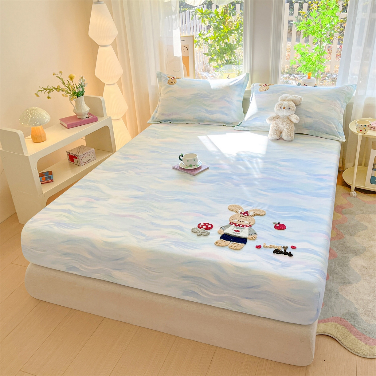 91家纺网 家纺一手货源 找家纺 笙意家纺 2026新款50S全棉纯棉毛巾绣单品床笠床笠单件 雾蓝小兔