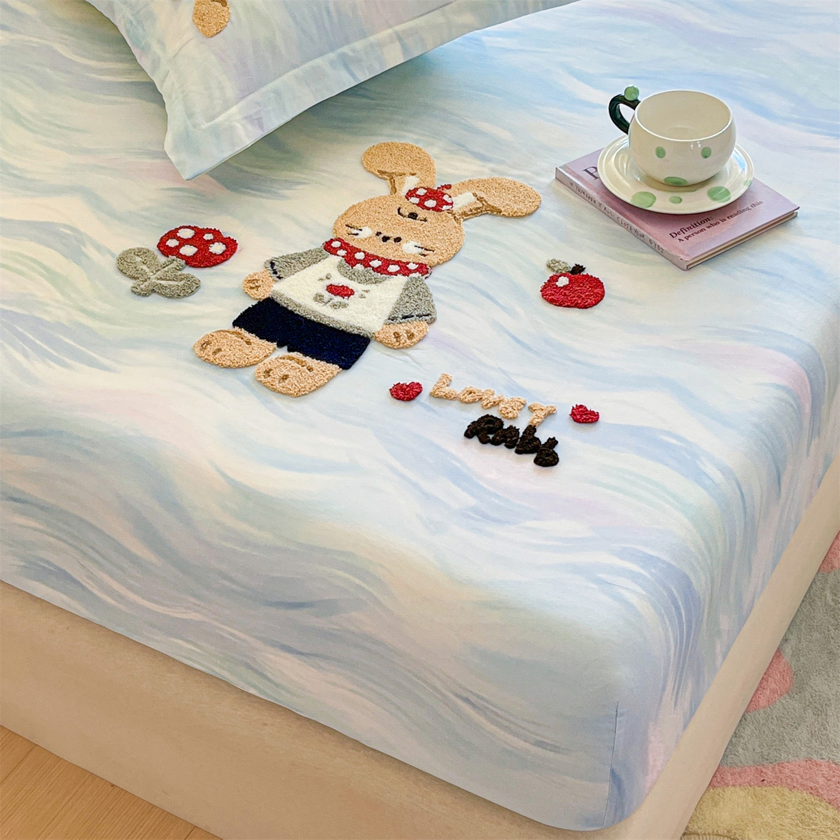 91家纺网 家纺一手货源 找家纺 笙意家纺 2026新款50S全棉纯棉毛巾绣单品床笠床笠单件 雾蓝小兔