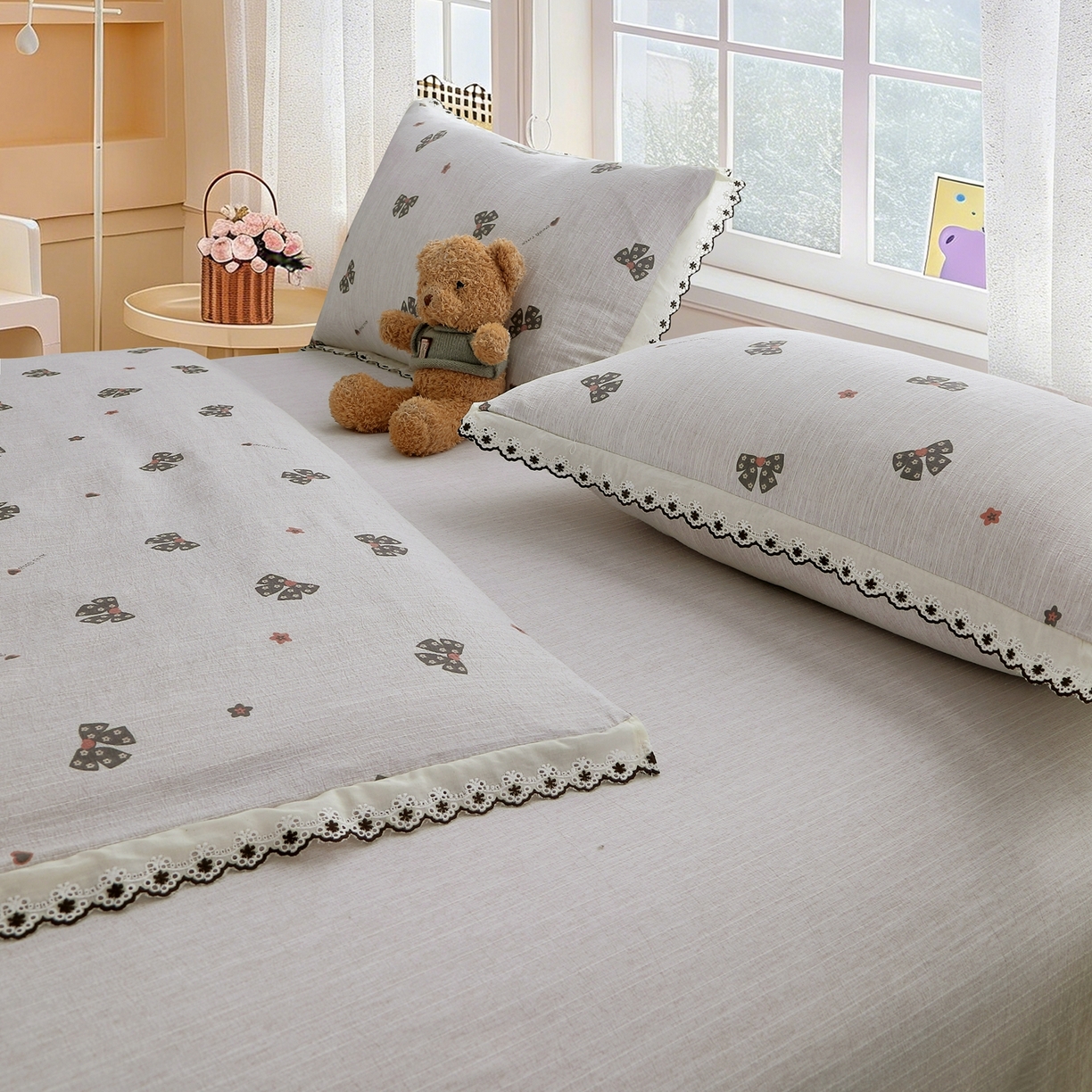 91家纺网 家纺一手货源 找家纺 恋之语 2026新款全棉花边色织水洗棉花边四件套 墨蝶轻舞