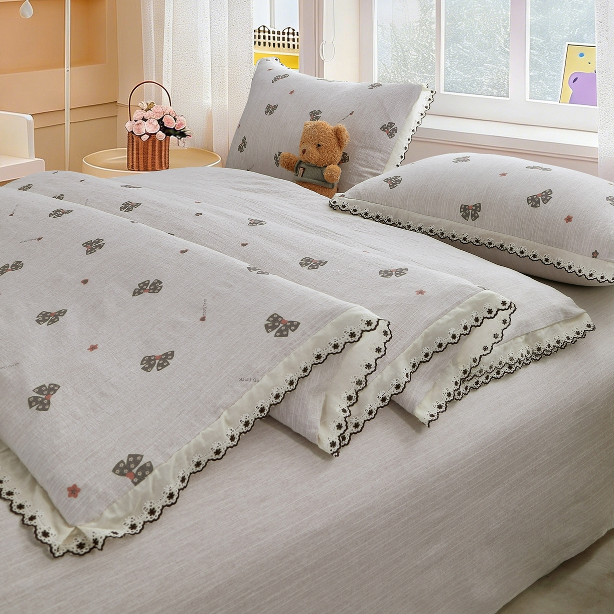 91家纺网 家纺一手货源 找家纺 恋之语 2026新款全棉花边色织水洗棉花边四件套 墨蝶轻舞