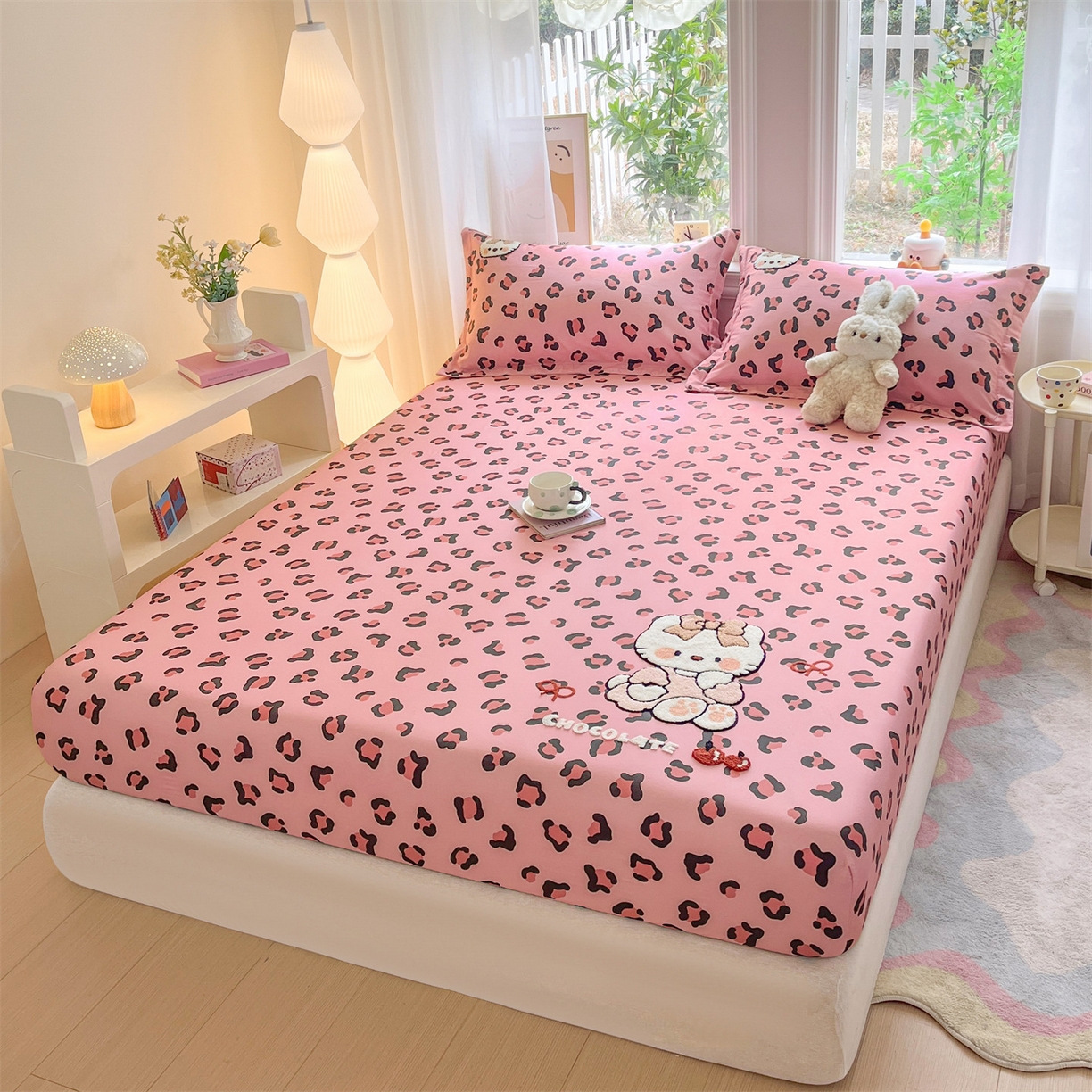 91家纺网 家纺一手货源 找家纺 笙意家纺 2026新款50S全棉纯棉毛巾绣单品床笠床笠单件 粉豹纹喵