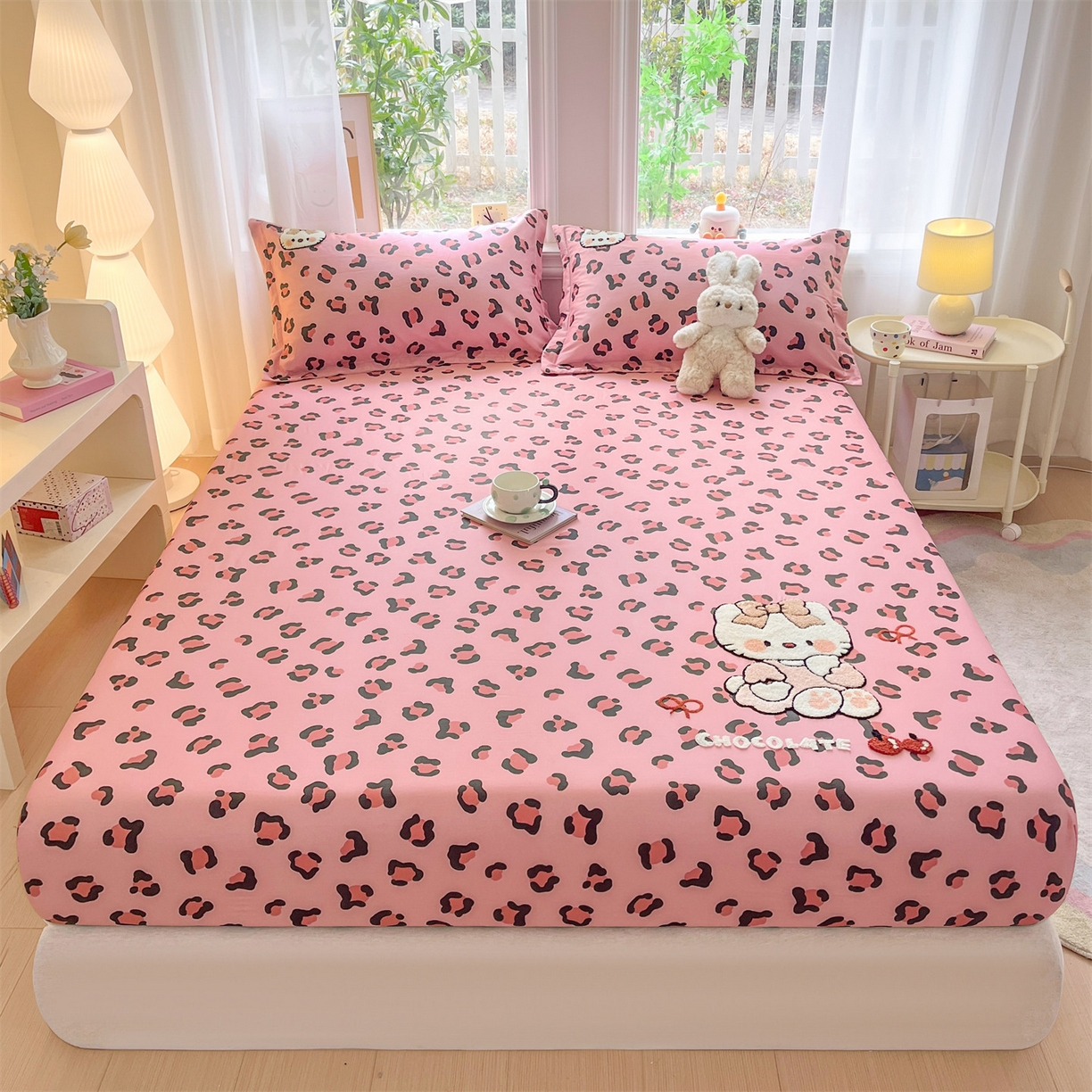 91家纺网 家纺一手货源 找家纺 笙意家纺 2026新款50S全棉纯棉毛巾绣单品床笠床笠单件 粉豹纹喵