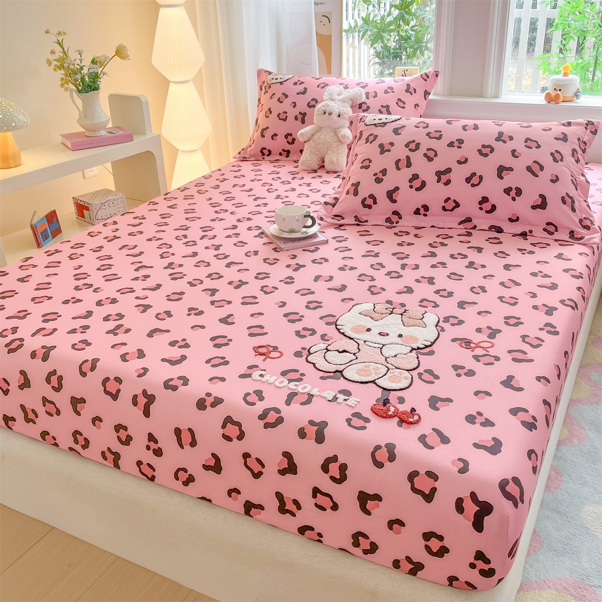 91家纺网 家纺一手货源 找家纺 笙意家纺 2026新款50S全棉纯棉毛巾绣单品床笠床笠单件 粉豹纹喵