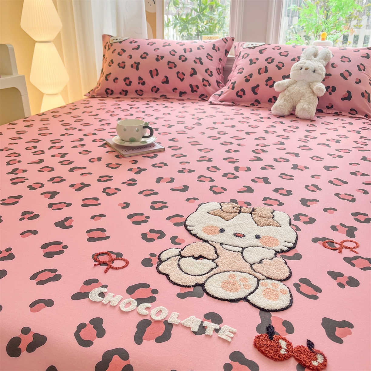 91家纺网 家纺一手货源 找家纺 笙意家纺 2026新款50S全棉纯棉毛巾绣单品床笠床笠单件 粉豹纹喵