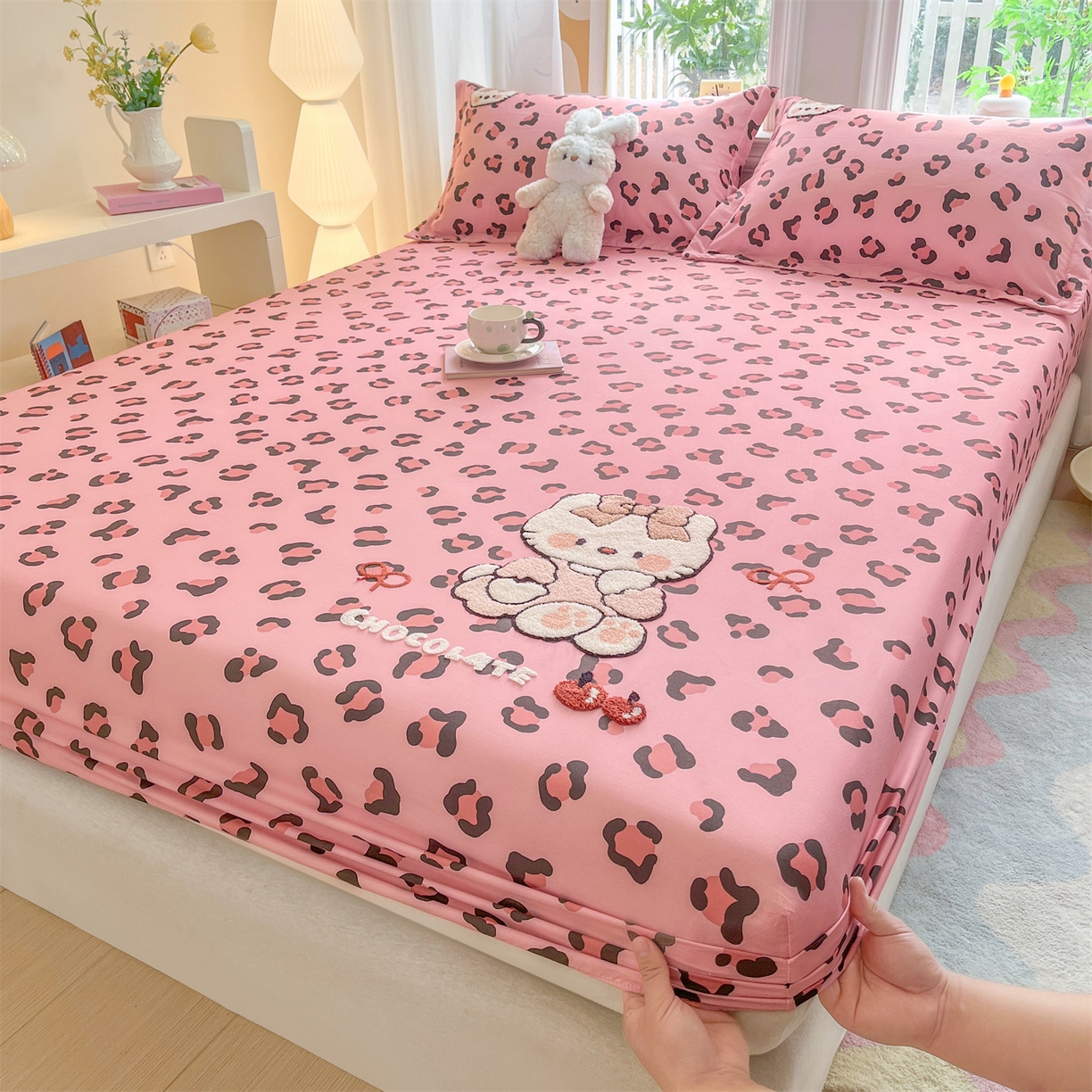 91家纺网 家纺一手货源 找家纺 笙意家纺 2026新款50S全棉纯棉毛巾绣单品床笠床笠单件 粉豹纹喵