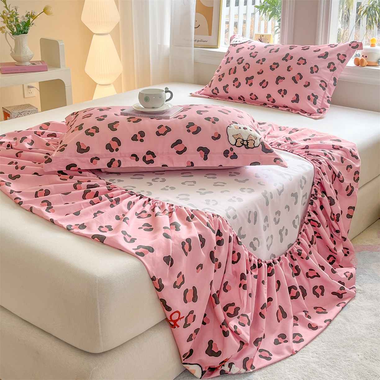 91家纺网 家纺一手货源 找家纺 笙意家纺 2026新款50S全棉纯棉毛巾绣单品床笠床笠单件 粉豹纹喵