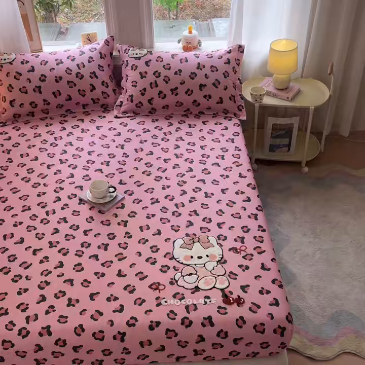 91家纺网 家纺一手货源 找家纺 笙意家纺 2026新款50S全棉纯棉毛巾绣单品床笠床笠单件 粉豹纹喵