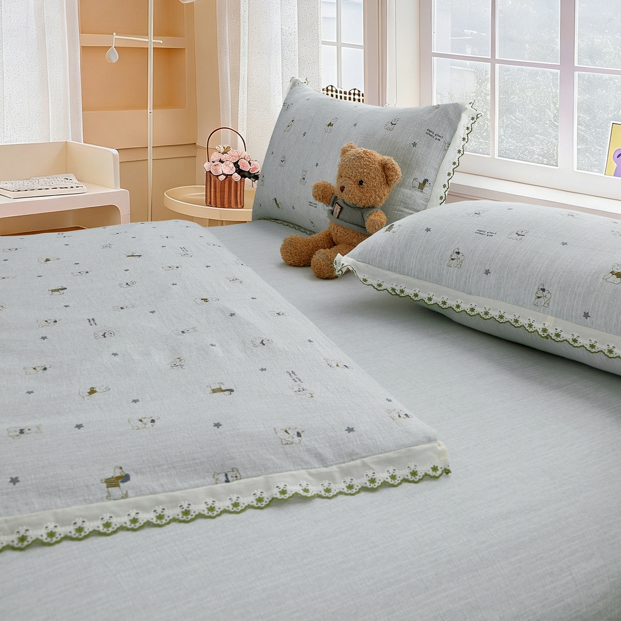 91家纺网 家纺一手货源 找家纺 恋之语 2026新款全棉花边色织水洗棉花边四件套 浅蓝萌宠