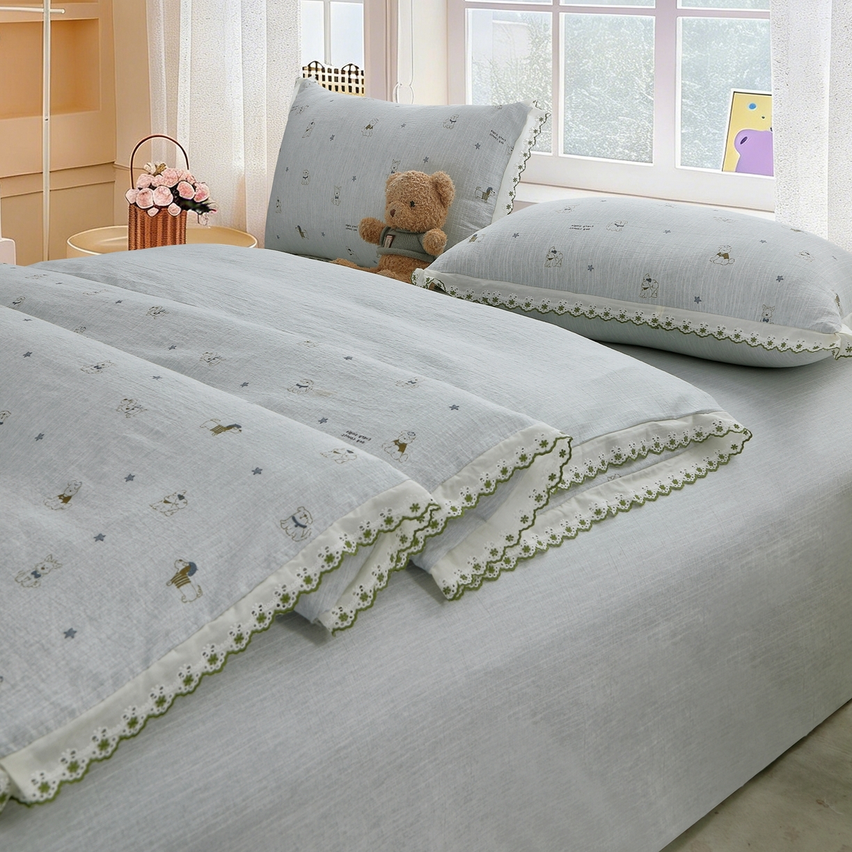 91家纺网 家纺一手货源 找家纺 恋之语 2026新款全棉花边色织水洗棉花边四件套 浅蓝萌宠