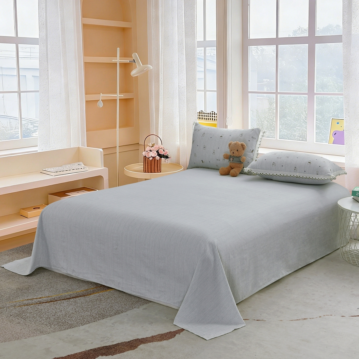 91家纺网 家纺一手货源 找家纺 恋之语 2026新款全棉花边色织水洗棉花边四件套 浅蓝萌宠