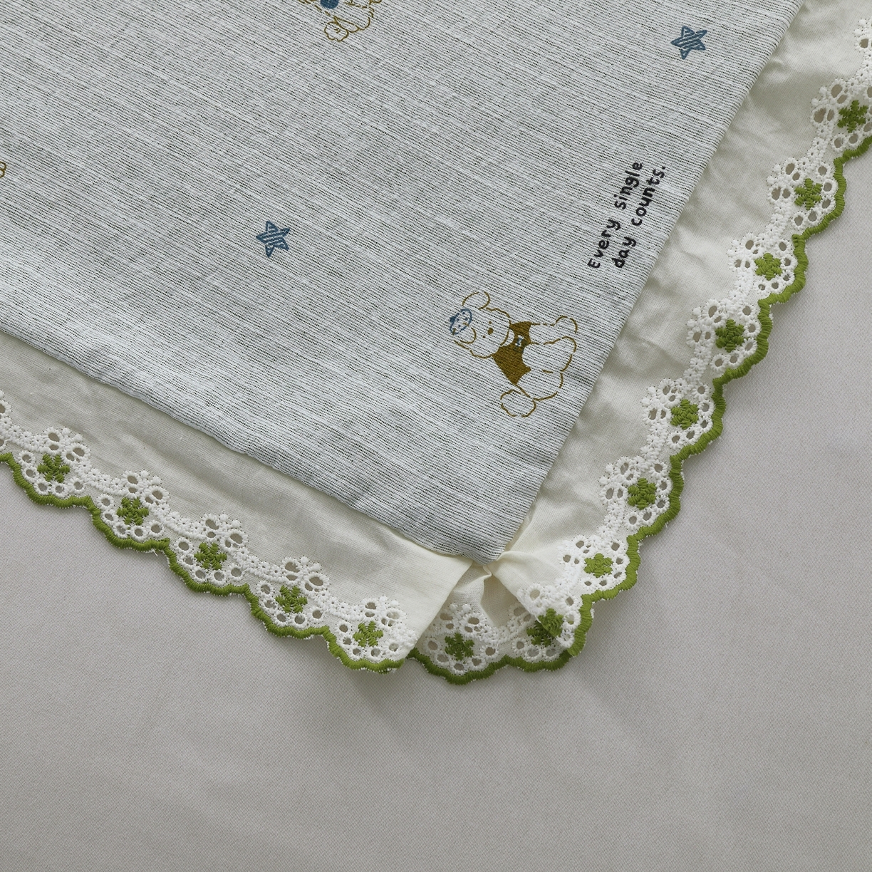 91家纺网 家纺一手货源 找家纺 恋之语 2026新款全棉花边色织水洗棉花边四件套 浅蓝萌宠