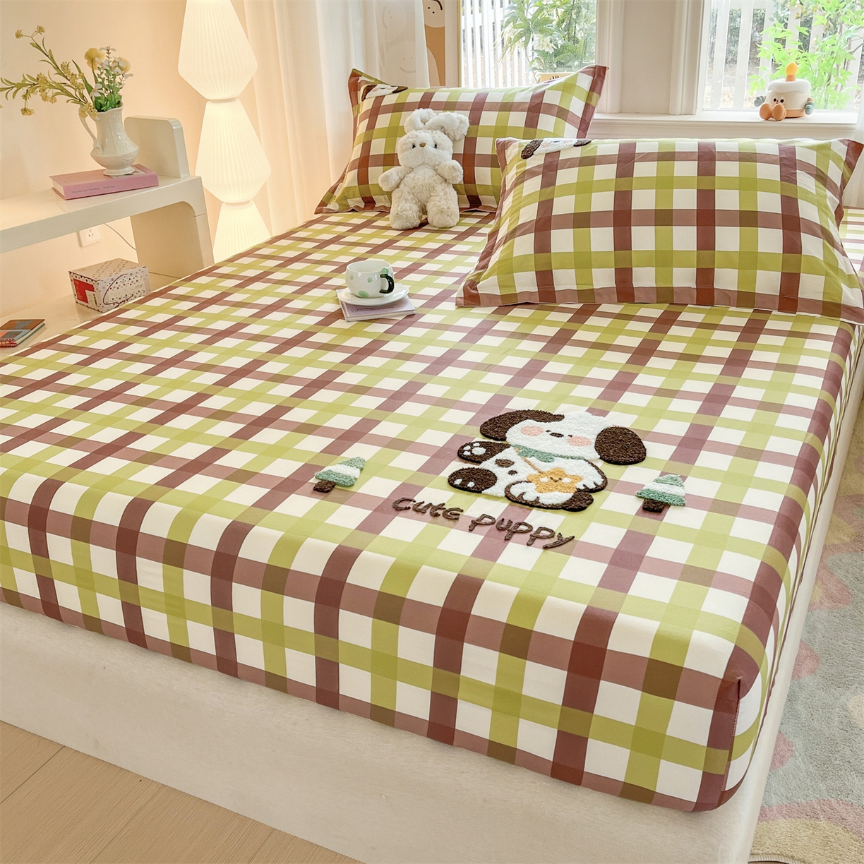 91家纺网 家纺一手货源 找家纺 笙意家纺 2026新款50S全棉纯棉毛巾绣单品床笠床笠单件 复古格犬