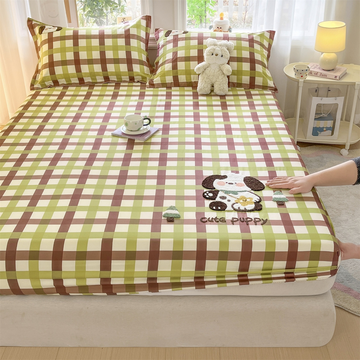 91家纺网 家纺一手货源 找家纺 笙意家纺 2026新款50S全棉纯棉毛巾绣单品床笠床笠单件 复古格犬