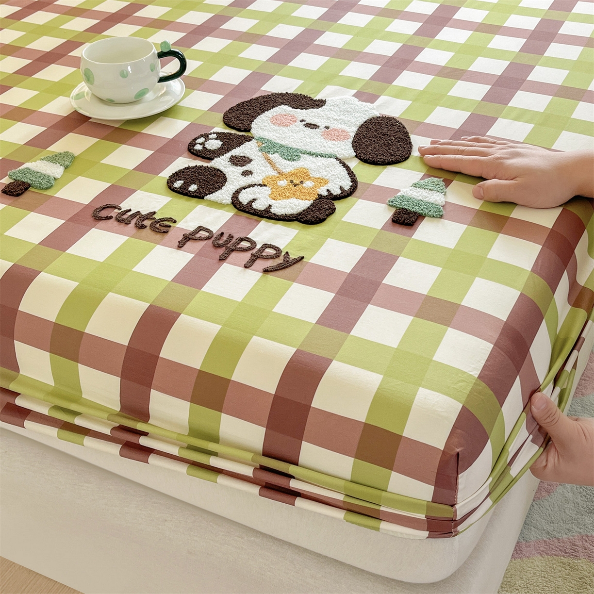 91家纺网 家纺一手货源 找家纺 笙意家纺 2026新款50S全棉纯棉毛巾绣单品床笠床笠单件 复古格犬