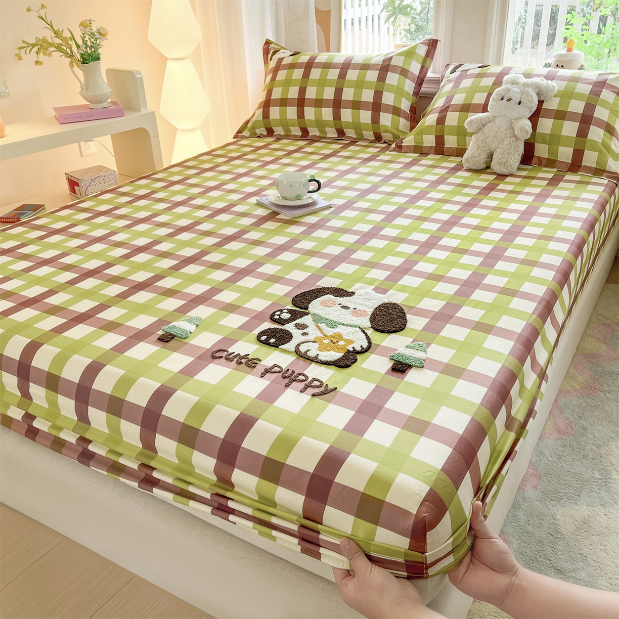 91家纺网 家纺一手货源 找家纺 笙意家纺 2026新款50S全棉纯棉毛巾绣单品床笠床笠单件 复古格犬