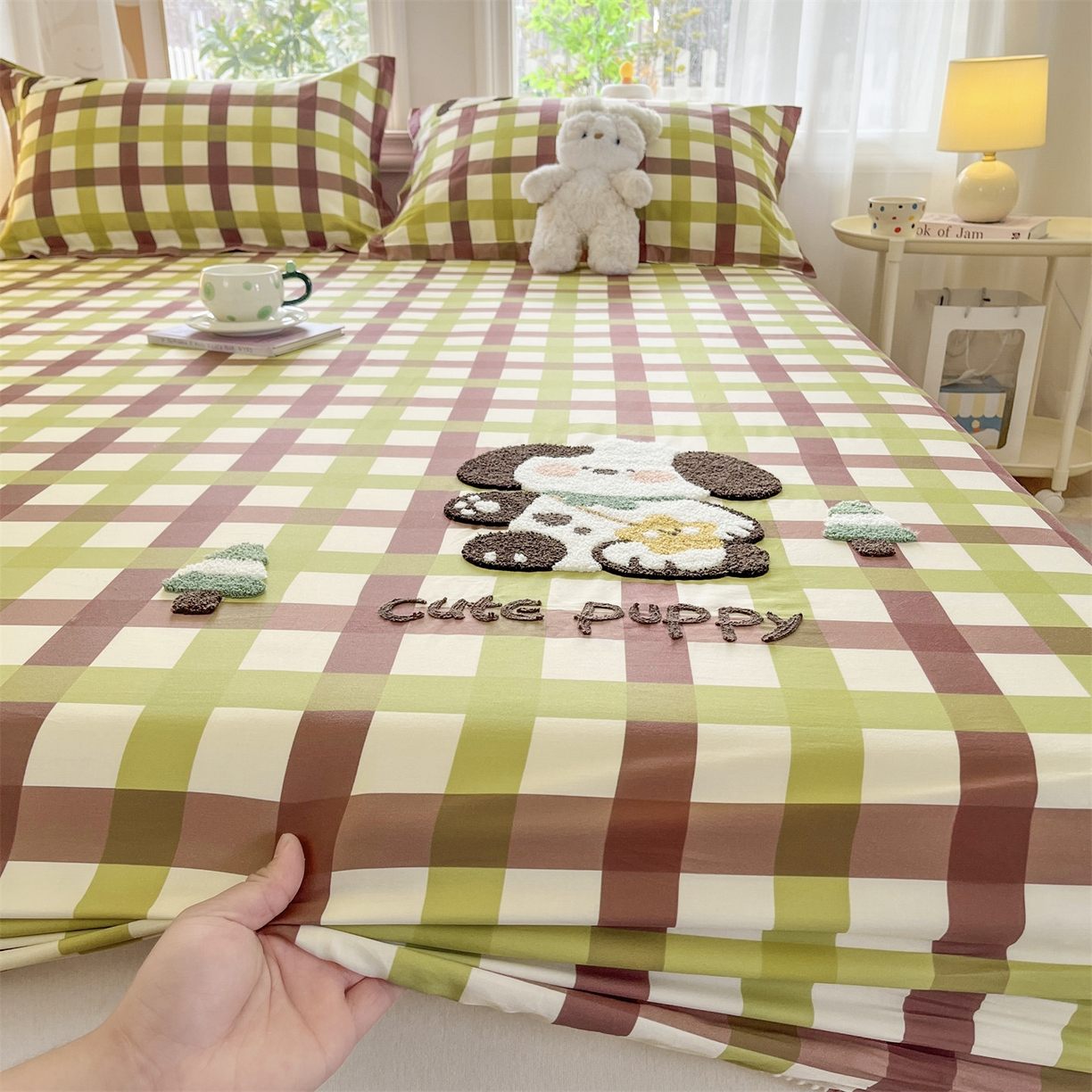 91家纺网 家纺一手货源 找家纺 笙意家纺 2026新款50S全棉纯棉毛巾绣单品床笠床笠单件 复古格犬