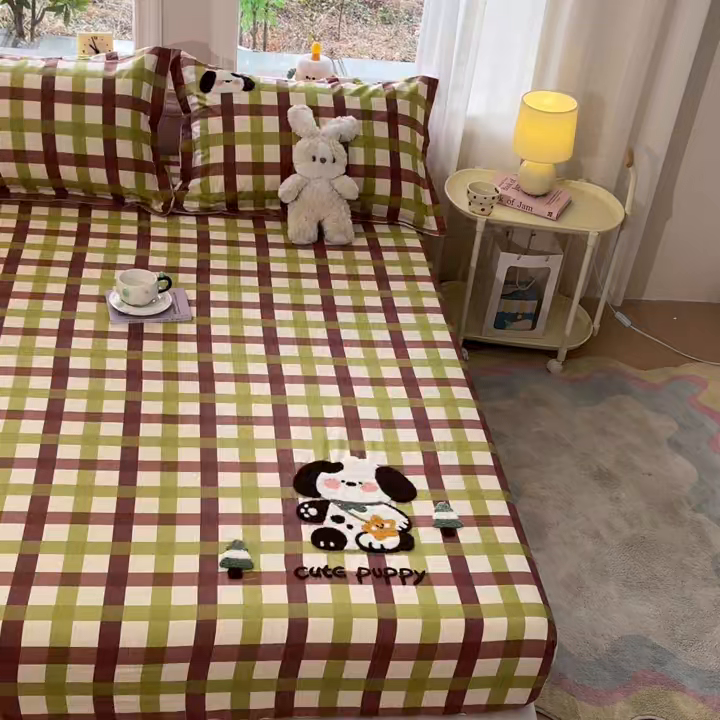 91家纺网 家纺一手货源 找家纺 笙意家纺 2026新款50S全棉纯棉毛巾绣单品床笠床笠单件 复古格犬