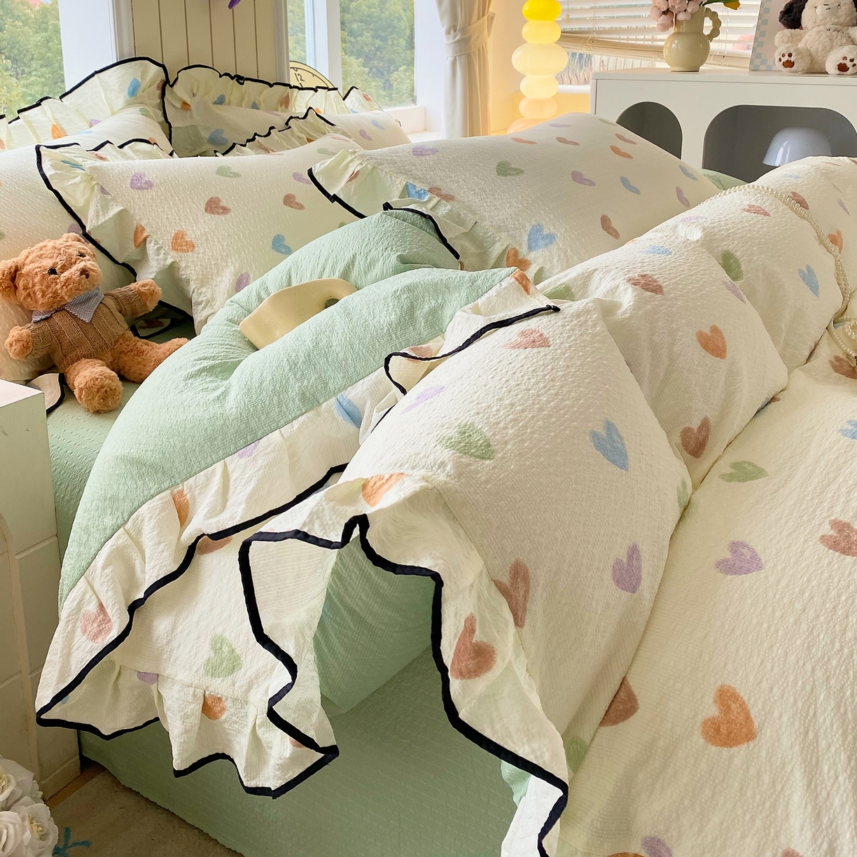 （总）爱橙家纺（原艾橙家纺） 2026春夏新款韩式花边110g超柔泡芙纱四件套