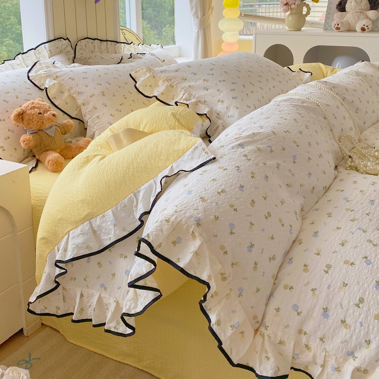 91家纺网 家纺一手货源 找家纺 （总）爱橙家纺（原艾橙家纺） 2026春夏新款韩式花边110g超柔泡芙纱四件套