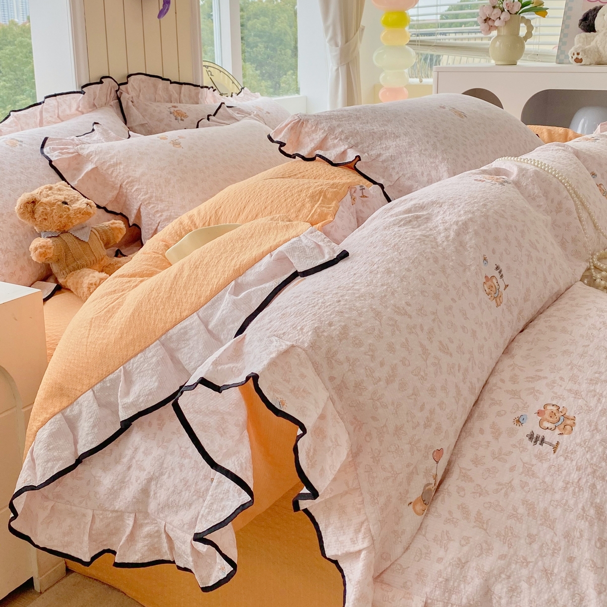 91家纺网 家纺一手货源 找家纺 （总）爱橙家纺（原艾橙家纺） 2026春夏新款韩式花边110g超柔泡芙纱四件套