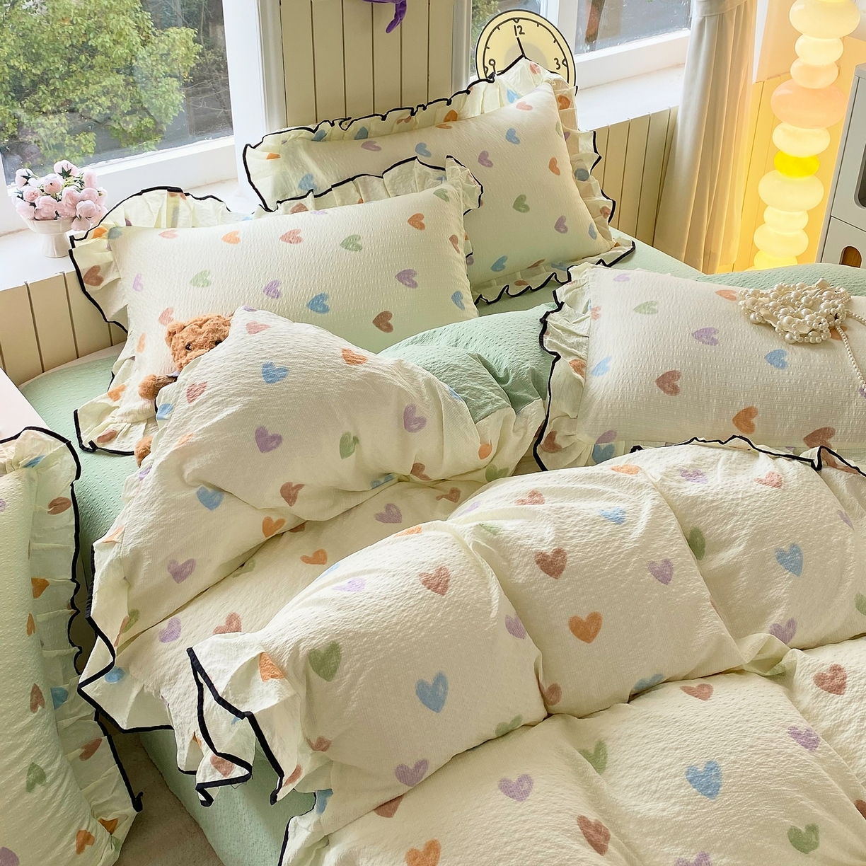 91家纺网 家纺一手货源 找家纺 （总）爱橙家纺（原艾橙家纺） 2026春夏新款韩式花边110g超柔泡芙纱四件套