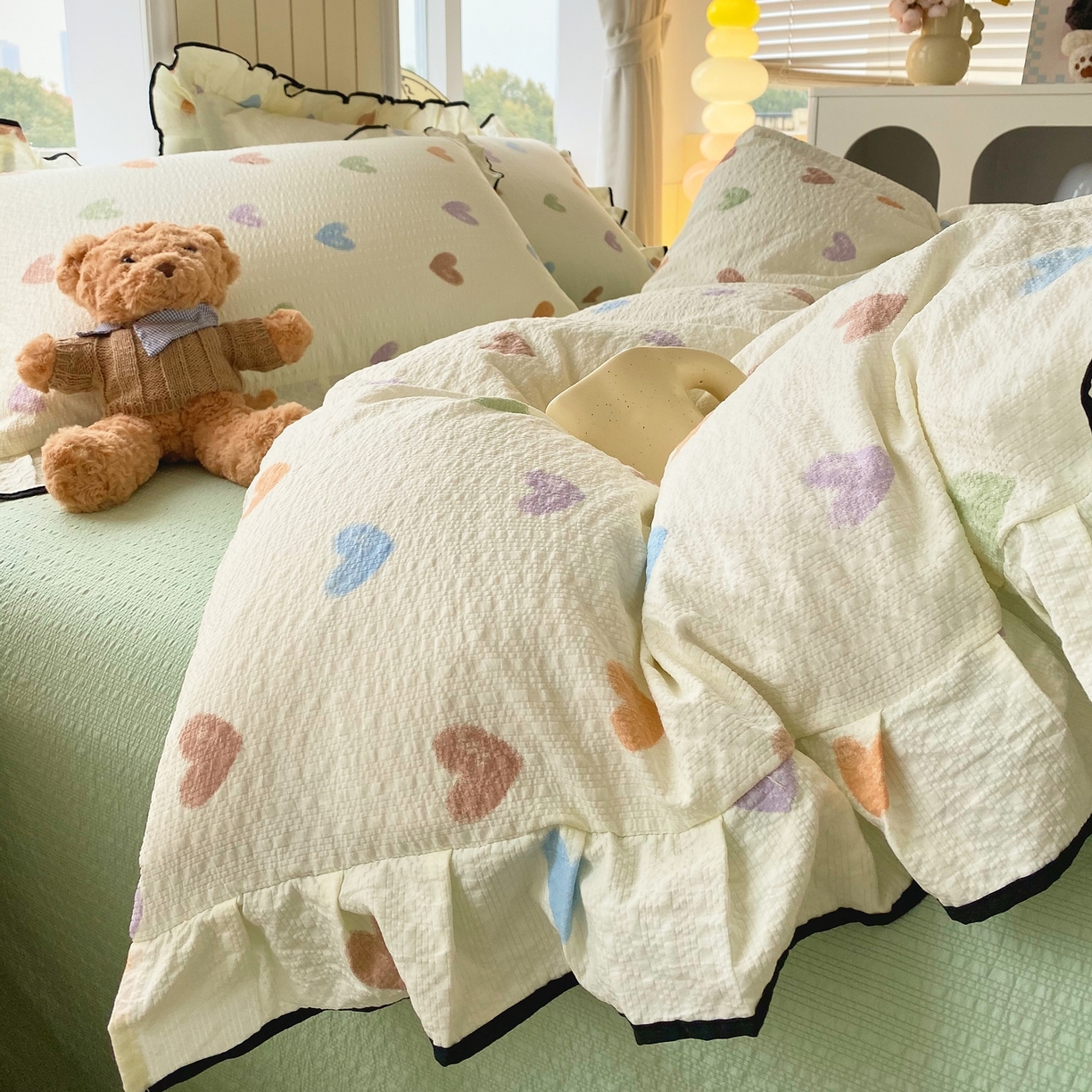 91家纺网 家纺一手货源 找家纺 （总）爱橙家纺（原艾橙家纺） 2026春夏新款韩式花边110g超柔泡芙纱四件套