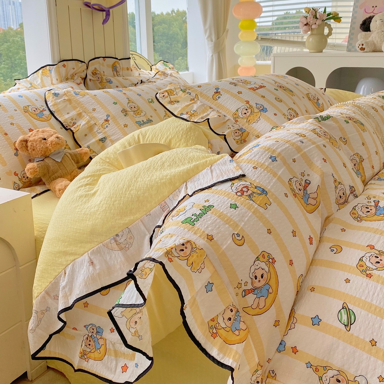 91家纺网 家纺一手货源 找家纺 （总）爱橙家纺（原艾橙家纺） 2026春夏新款韩式花边110g超柔泡芙纱四件套