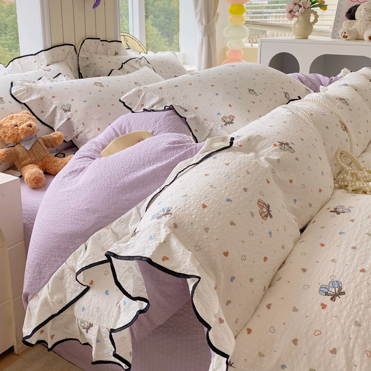 91家纺网 家纺一手货源 找家纺 （总）爱橙家纺（原艾橙家纺） 2026春夏新款韩式花边110g超柔泡芙纱四件套