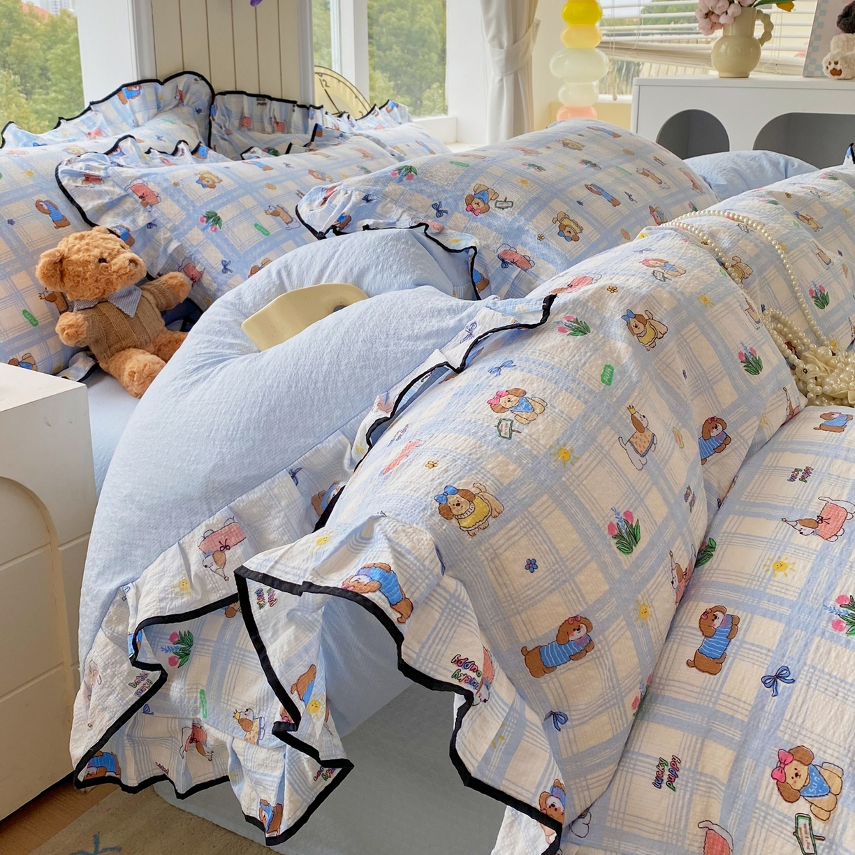 91家纺网 家纺一手货源 找家纺 （总）爱橙家纺（原艾橙家纺） 2026春夏新款韩式花边110g超柔泡芙纱四件套