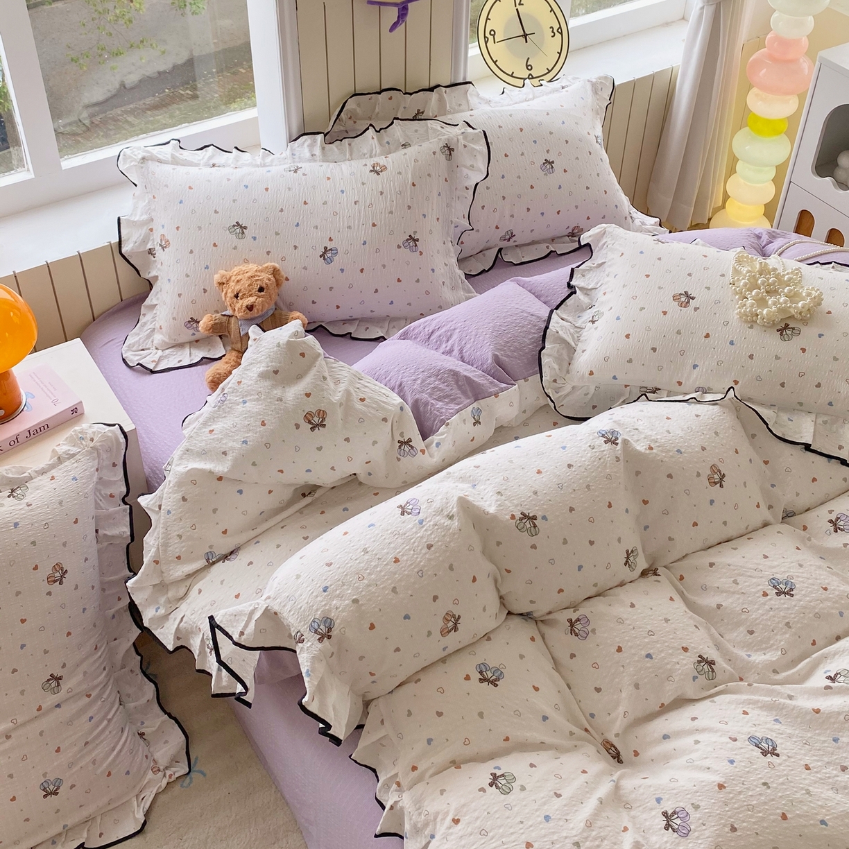 91家纺网 家纺一手货源 找家纺 爱橙家纺（原艾橙家纺） 2026春夏新款韩式花边110g超柔泡芙纱四件套 蝶糖