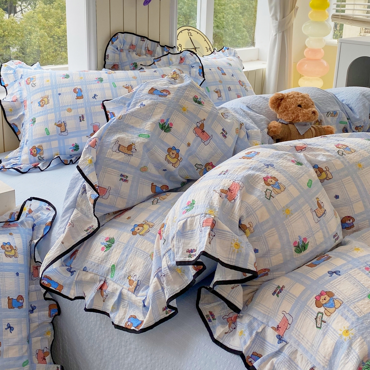 91家纺网 家纺一手货源 找家纺 爱橙家纺（原艾橙家纺） 2026春夏新款韩式花边110g超柔泡芙纱四件套 汪旺记