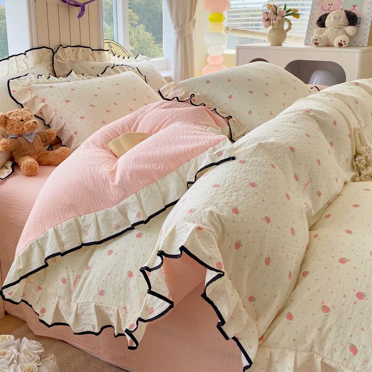 爱橙家纺（原艾橙家纺） 2026春夏新款韩式花边110g超柔泡芙纱四件套 美莓果