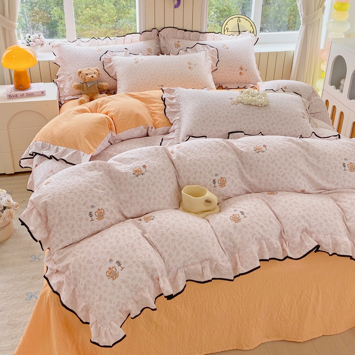 91家纺网 家纺一手货源 找家纺 爱橙家纺（原艾橙家纺） 2026春夏新款韩式花边110g超柔泡芙纱四件套 吉象