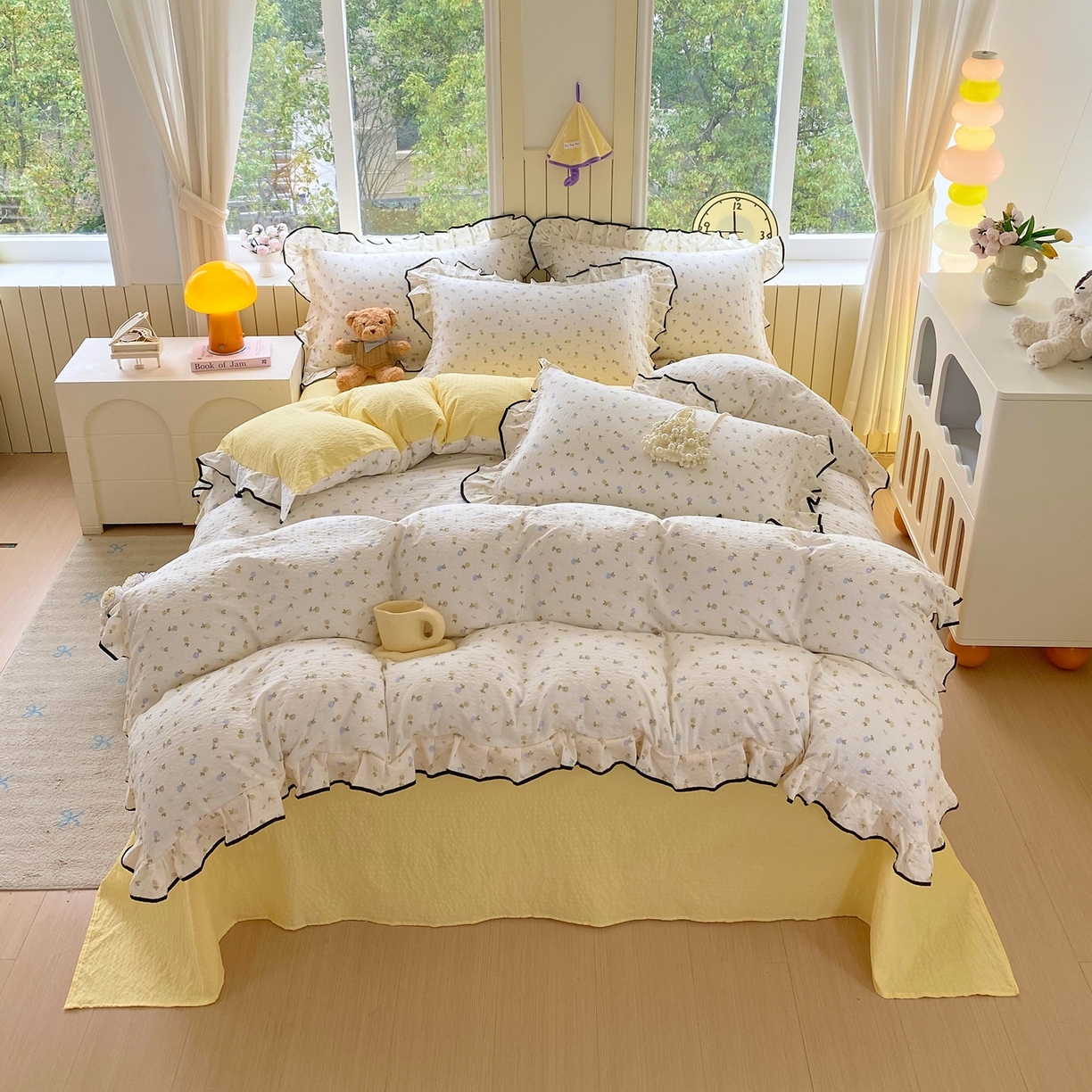 91家纺网 家纺一手货源 找家纺 爱橙家纺（原艾橙家纺） 2026春夏新款韩式花边110g超柔泡芙纱四件套 素锦织花