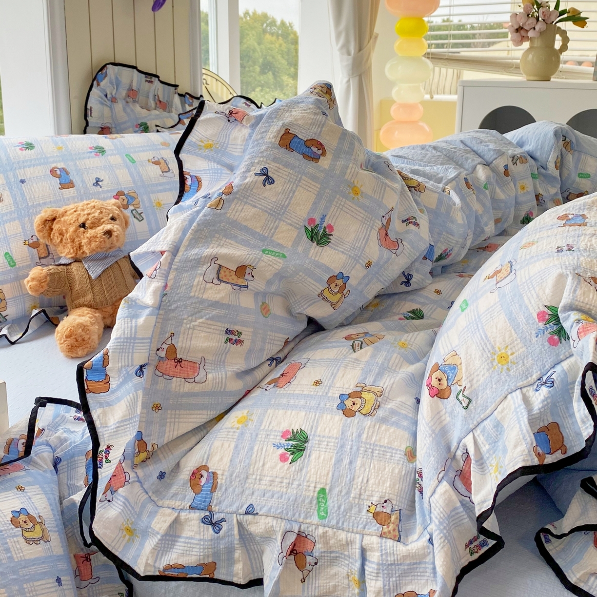 91家纺网 家纺一手货源 找家纺 爱橙家纺（原艾橙家纺） 2026春夏新款韩式花边110g超柔泡芙纱四件套 汪旺记