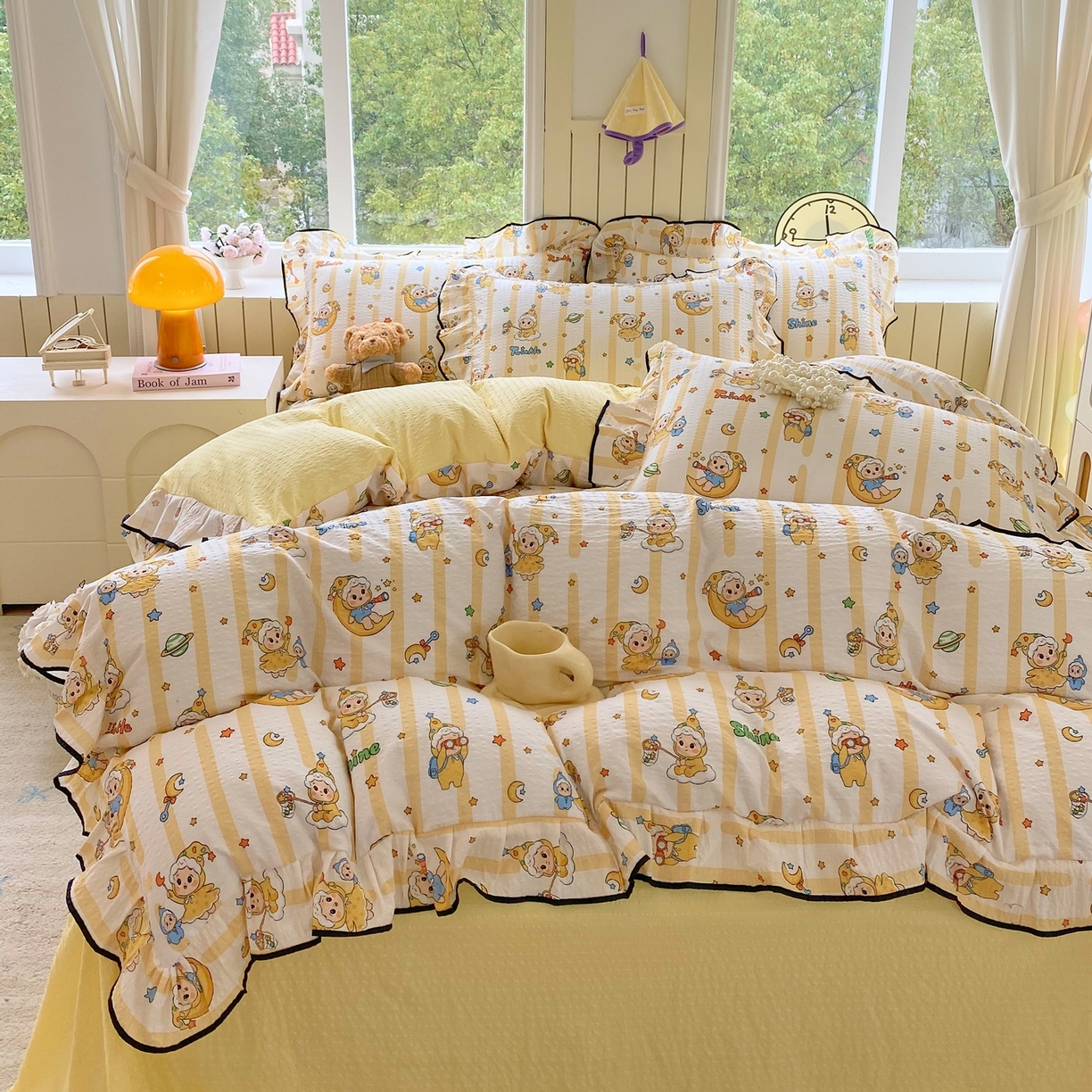 91家纺网 家纺一手货源 找家纺 爱橙家纺（原艾橙家纺） 2026春夏新款韩式花边110g超柔泡芙纱四件套 星星崽