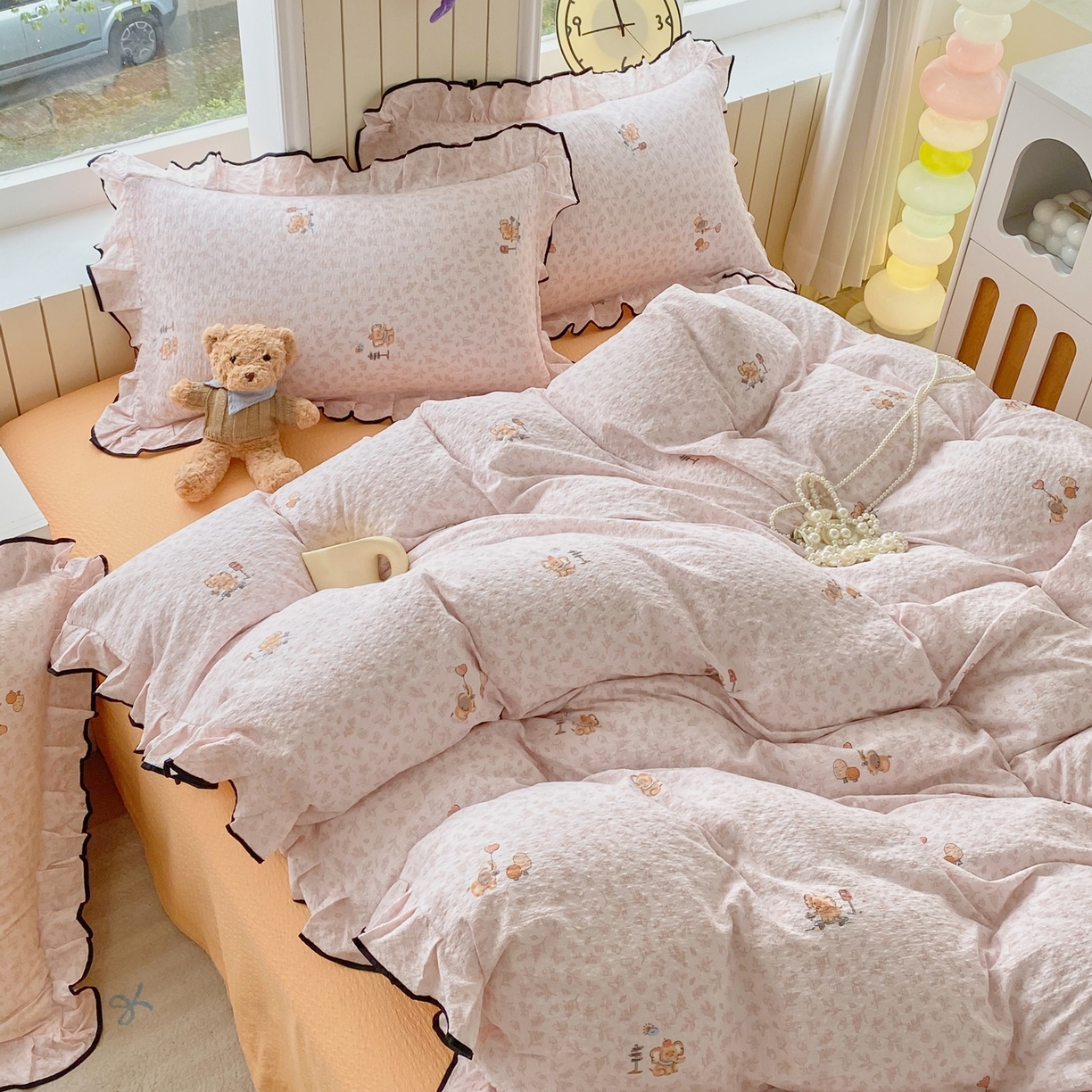 91家纺网 家纺一手货源 找家纺 爱橙家纺（原艾橙家纺） 2026春夏新款韩式花边110g超柔泡芙纱四件套 吉象